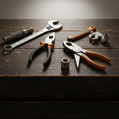 Professional plumbing tools on a wooden surface