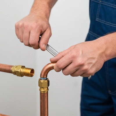 Professional plumber repairing a copper pipe with modern tools
