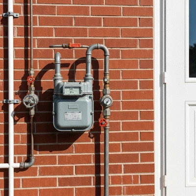 Close up of a gas meter and pipe connection outside a residential home