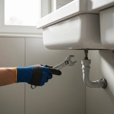 Professional plumber inspecting a leaky pipe with tools