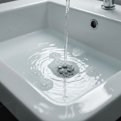 Modern bathroom sink with slow draining water and soap bubbles