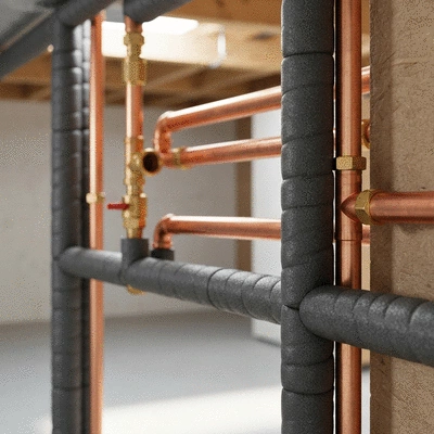 Copper pipes with insulation foam in a basement setting