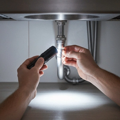 Professional plumber inspecting pipes with a flashlight