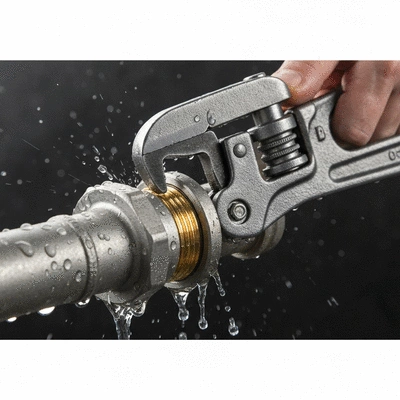 Close up of a professional wrench tightening a water pipe joint