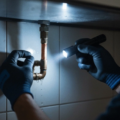 Professional plumber inspecting a copper pipe leak with a flashlight