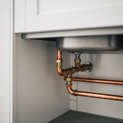 Close up of a modern copper pipe installation under a sink