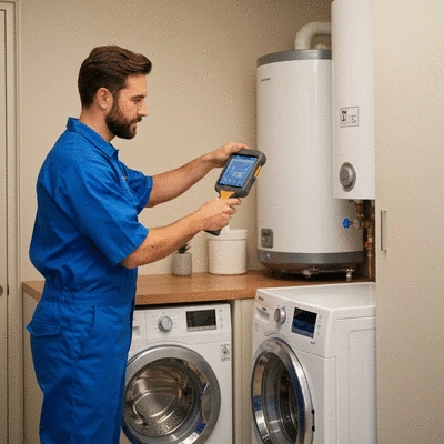 Plumber using a diagnostic tool to inspect a gas hot water system in a laundry room