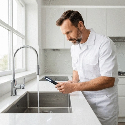 Professional plumber inspecting a kitchen sink drain with a flashlight