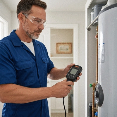 Service technician using a digital gas leak detector near a water heater