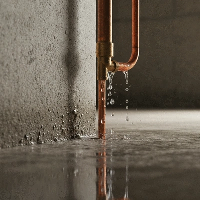 Close up of a leaking copper pipe in a residential basement