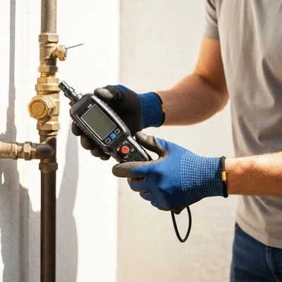 Professional gas technician inspecting a residential gas meter with a handheld detector