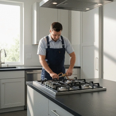 Professional technician installing a modern gas cooktop in a kitchen