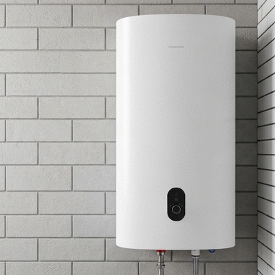 Close up of a high efficiency tankless water heater unit installed on a wall