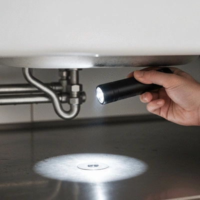 A person inspecting a pipe under a kitchen sink with a flashlight