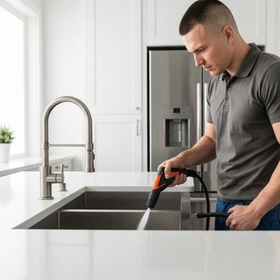 Professional plumber using high-pressure water jet to clean a kitchen drain