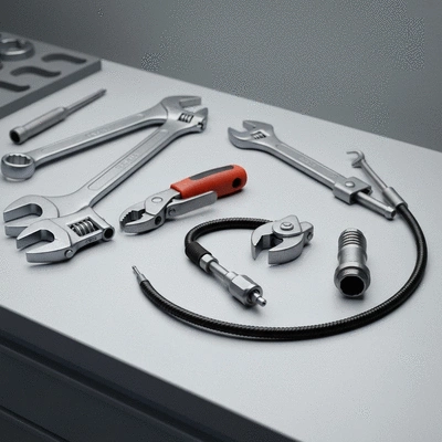 Close-up of professional plumbing tools and equipment on a clean surface