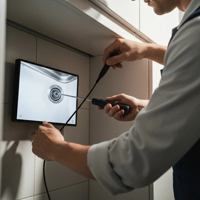 Professional plumber inspecting a kitchen sink drain with specialized tools