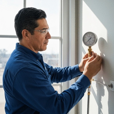 Plumbing technician checking water pressure gauge in a residential basement