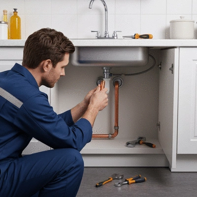 Professional plumber fixing a burst pipe in a modern kitchen