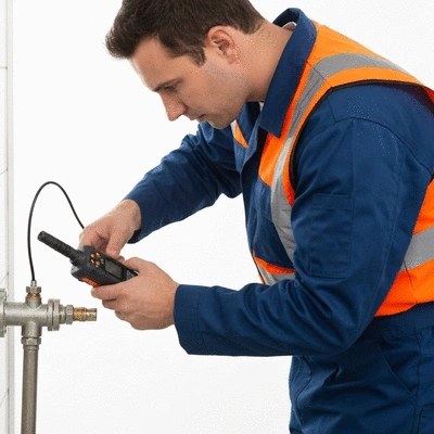 Professional plumber inspecting gas line with electronic detector