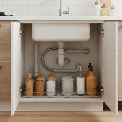 Plumber inspecting pipes under a kitchen sink with a flashlight