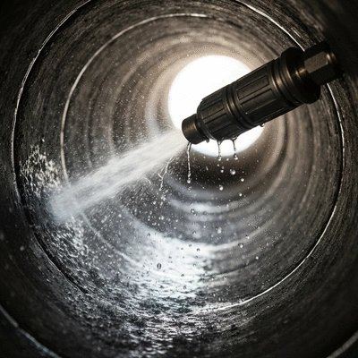 High pressure hydro jetting machine clearing a residential sewer line