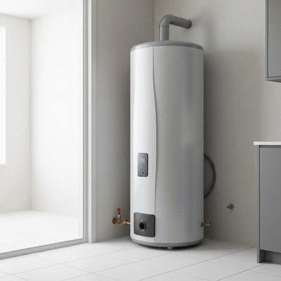 Professional plumber inspecting a modern hot water system tank