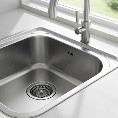 Clean modern kitchen sink with a stainless steel drain guard in place
