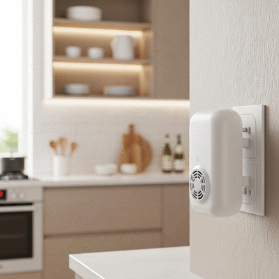 Modern carbon monoxide and explosive gas detector plugged into a wall outlet in a home kitchen